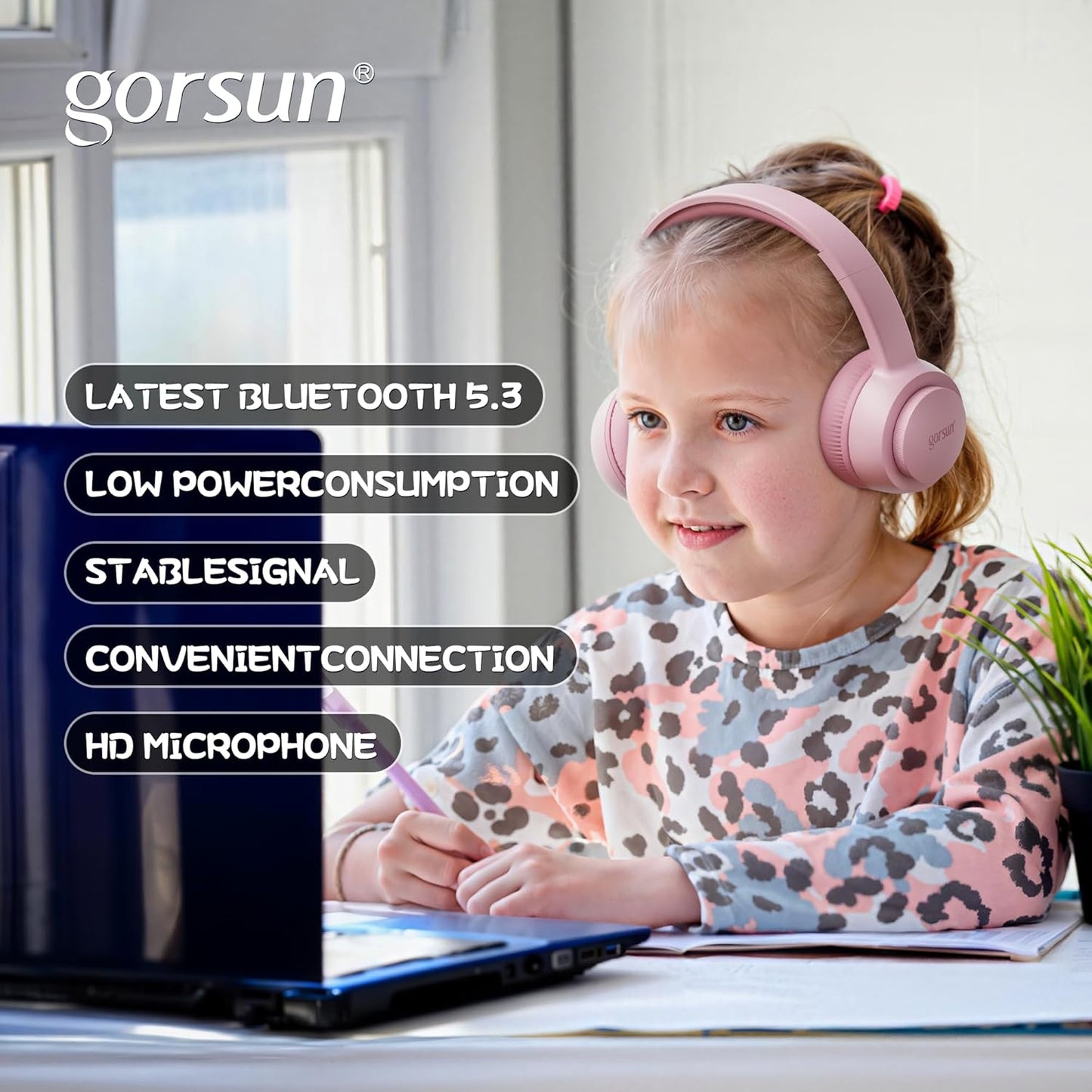 Kids Bluetooth Headphones, Bluetooth 5.3, Toddler Headphones 85 Dba Safe Volume, 45H Play Time, with Microphone, Kids Wireless Headset for Ipad/Tablet/Travel/School, Ldeal Gift (Pink)