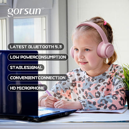 Kids Bluetooth Headphones, Bluetooth 5.3, Toddler Headphones 85 Dba Safe Volume, 45H Play Time, with Microphone, Kids Wireless Headset for Ipad/Tablet/Travel/School, Ldeal Gift (Pink)