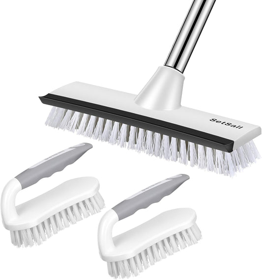 2 Pack Heavy-Duty Scrub Brush+Floor Scrub Brush with 51-Inch Long Adjustable Handle 2 in 1 Scrape Brush Stiff Bristle Floor Scrubber for Cleaning Shower Bathroom Garage Kitchen Wall Deck Tub