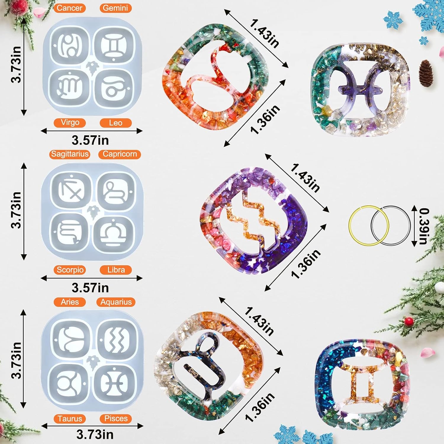 Zodiac Keychain Silicone Resin Molds 12 Constellation Epoxy Jewelry Casting Molds with 50 Pcs Open Jump Rings Christmas Resin Molds for DIY Making Pendant Ornaments Decoration and Gifts