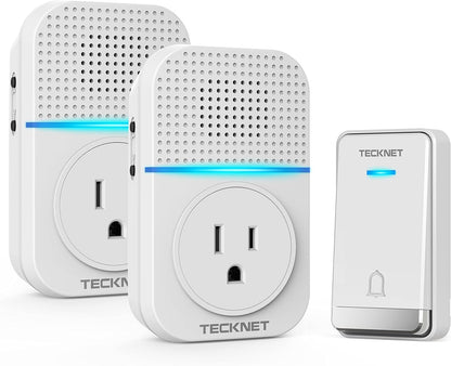 Wireless Doorbell, Self-Powered Doorbell, 0-110Db Plug-Through Wireless Doorbell Ringer for Homes Classroom, IP66 Waterproof 1300Ft Door Chime with Extra Socket, 60 Chimes, LED Light (White)