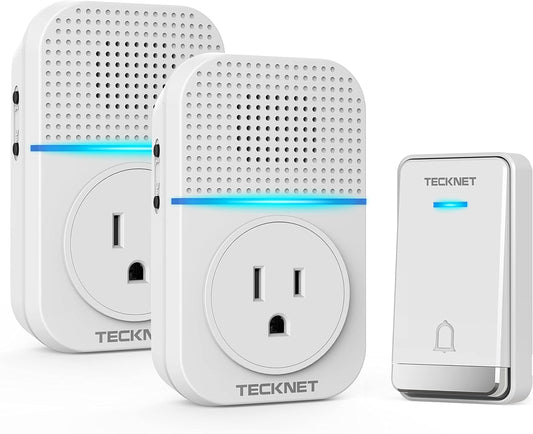Wireless Doorbell, Self-Powered Doorbell, 0-110Db Plug-Through Wireless Doorbell Ringer for Homes Classroom, IP66 Waterproof 1300Ft Door Chime with Extra Socket, 60 Chimes, LED Light (White)