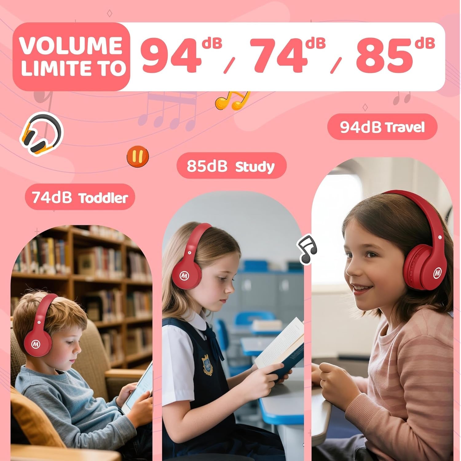 Headphones Kids Bluetooth 5.4 Wireless Play Time 68H Safe Volume Limit 85/94Db Over-Ear Foldable Headset,Fast Charging,With Aux Cord Built-In Mic for Toddler Child Pad Study Tablet Red