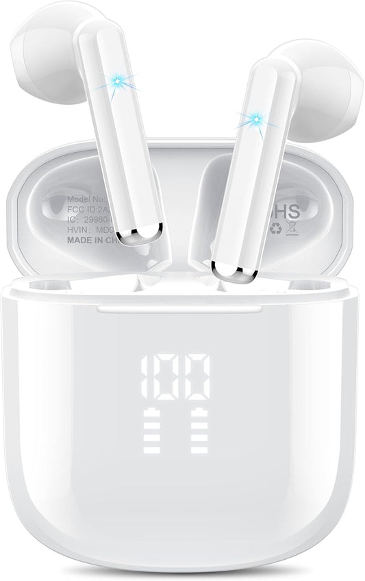 Wireless Earbuds, Bluetooth 5.3 Headphones with 4-Mics ENC Clear Call, Bluetooth Earbuds Touch Control 25Hour Stereo Sound with LED Power Display, Waterproof Earphones Sprot for Workout White