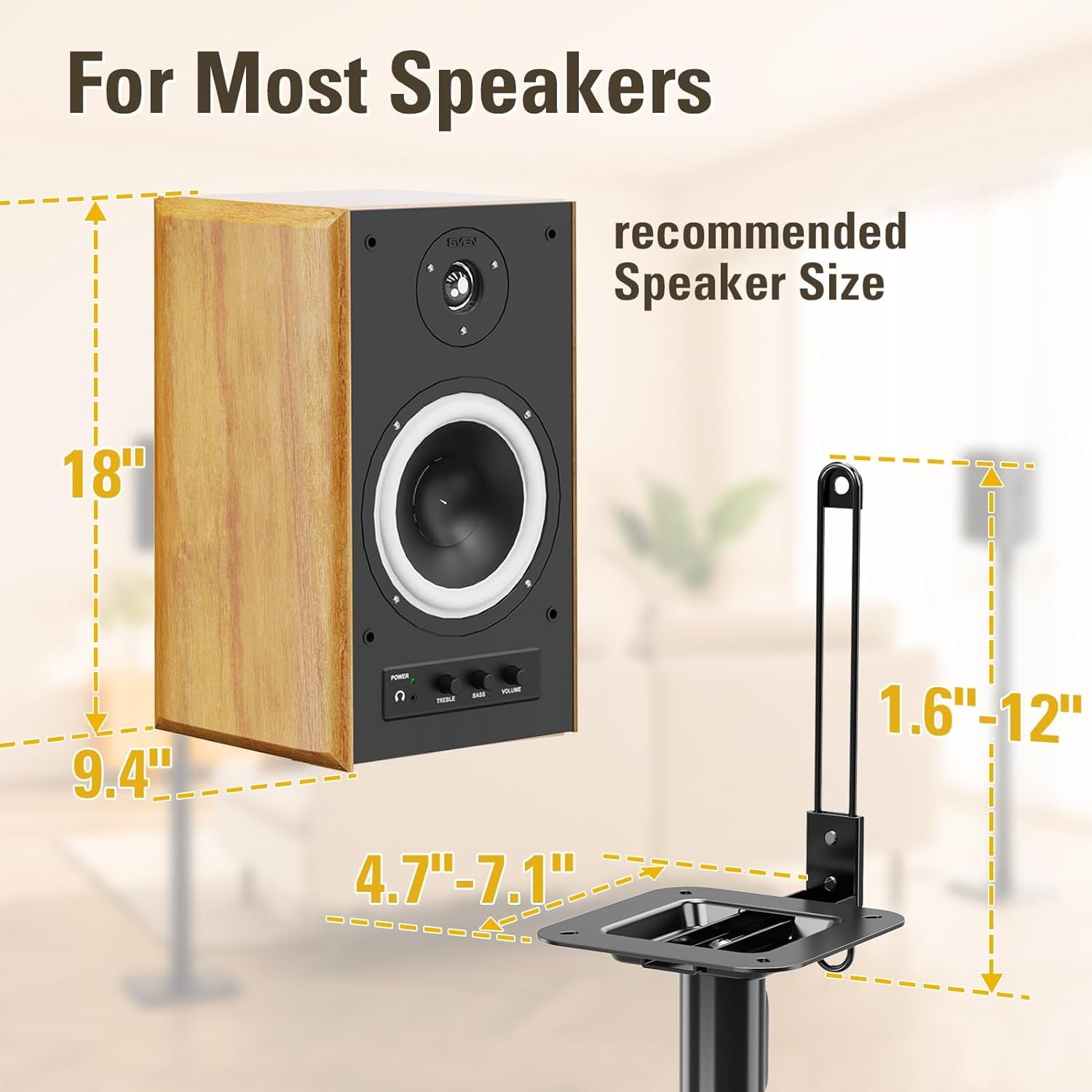 Black Alloy Steel Speaker Stands, Height Adjustable Bookshelf Speaker Stand Pair, Universal Fit, 11 Lbs Capacity, Set of 2 for Bose Polk JBL Sony Yamaha - 42" Max Height