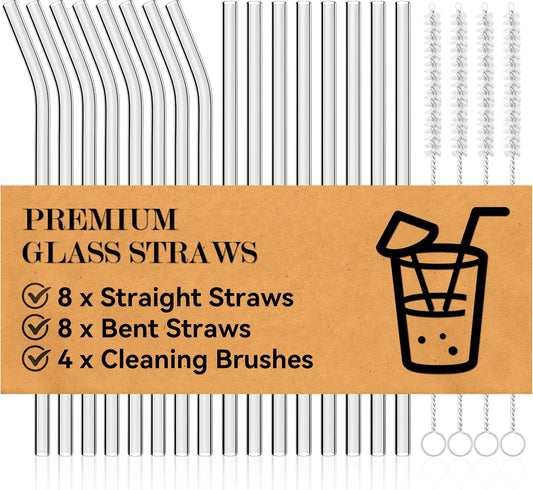 ® 20 Packs Reusable Glass Straws Set, 8.5'' X 10Mm Clear Drinking Straws for Smoothies, Shakes, Coffee, Juice, Sodas, Milk, Tea, Cocktails, Set of 8 Straight and 8 Bent with 4 Cleaning Brushes