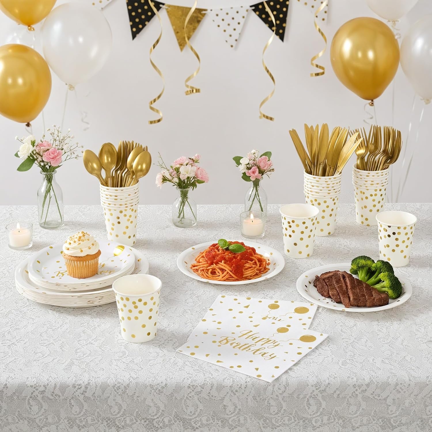 Happy Birthday Paper Plates Set, 175 PCS Disposable Dinnerware Set for 25 Guests, White Gold Dot Paper Plates Napkins Cups Gold Plastic Forks Knives Spoons for Birthday Party Decor