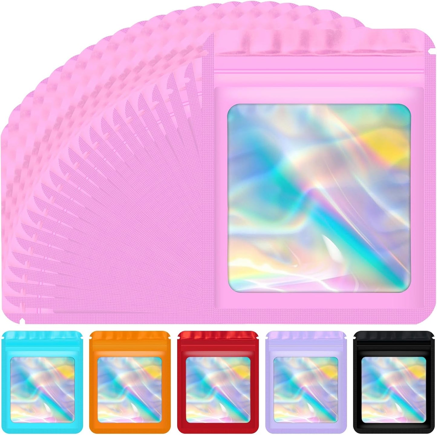 100 Pcs Holographic Mylar Bags, Resealable Packaging Bags for Small Business, Freshie Supplies, Candy Sample Jewelry Product Bag, Foil Pouch for Party Favor, Mothers Day Gifts (3×3 Inch, Pink)