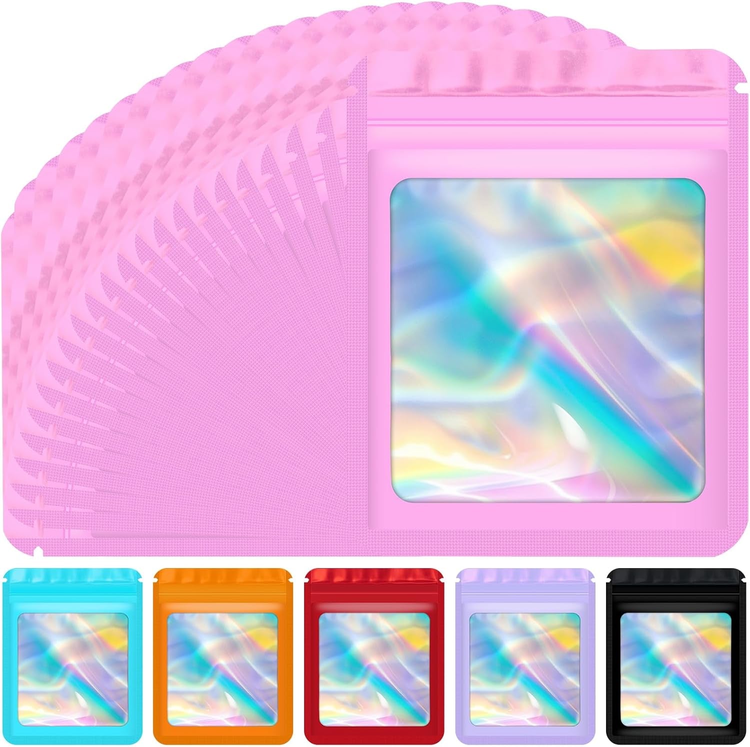 100 Pcs Holographic Mylar Bags, Resealable Packaging Bags for Small Business, Freshie Supplies, Candy Sample Jewelry Product Bag, Foil Pouch for Party Favor, Mothers Day Gifts (3×3 Inch, Pink)