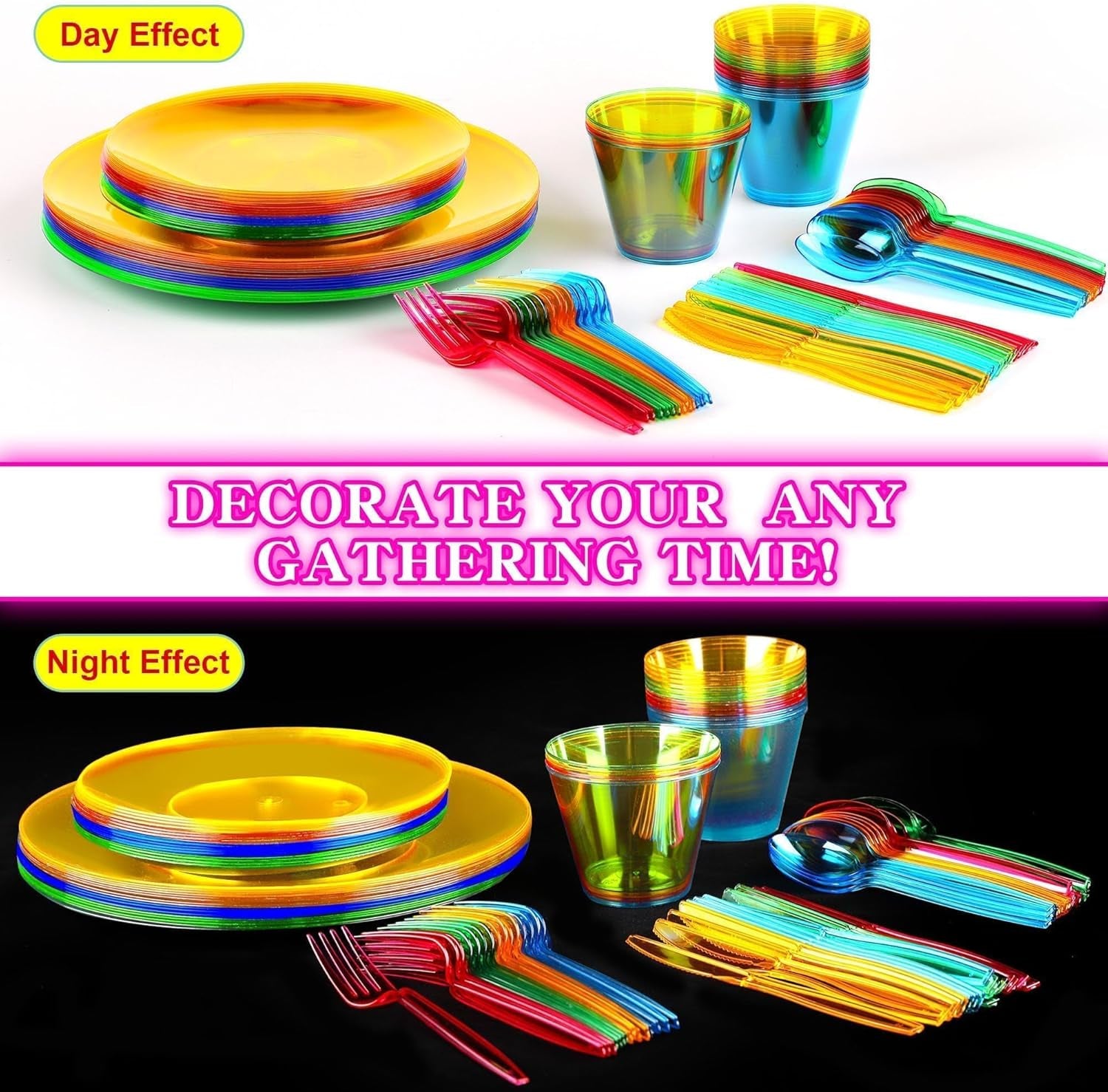 112 PCS Neon Party Supplies Serves 16 Including 7.5 & 10.25 in Disposable Plastic Neon Plates 9 Oz Cups Cutlery Napkins Tableware Set Dessert Cake Plates for Blacklight Party Birthday