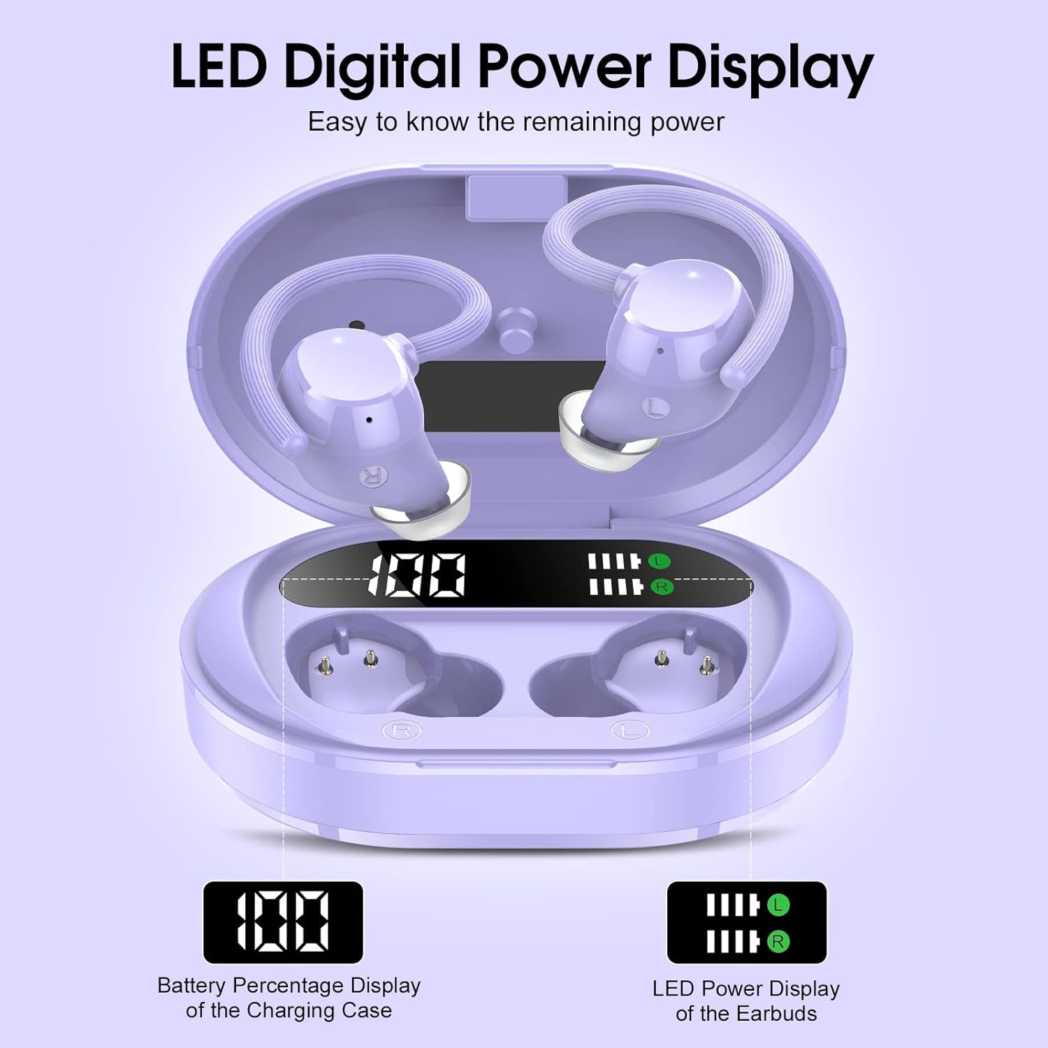 Wireless Earbuds, 2023 New Ultralight Sport Bluetooth 5.3 Headphones in Ear with LED Display, Built-In Mic Earphones, IPX7 Waterproof Wireless Headphones with Earhooks for Gym Workout (Purple)