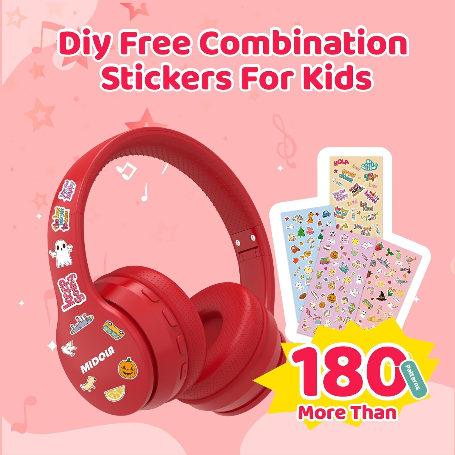 Kids Headphones Bluetooth 5.3 Wireless 60H Play Time Volume Limit 85/110Db over Ear Foldable Protection Headset/Wired AUX Cord Mic for Children Boy Girl Travel School Phone Pad Tablet Red
