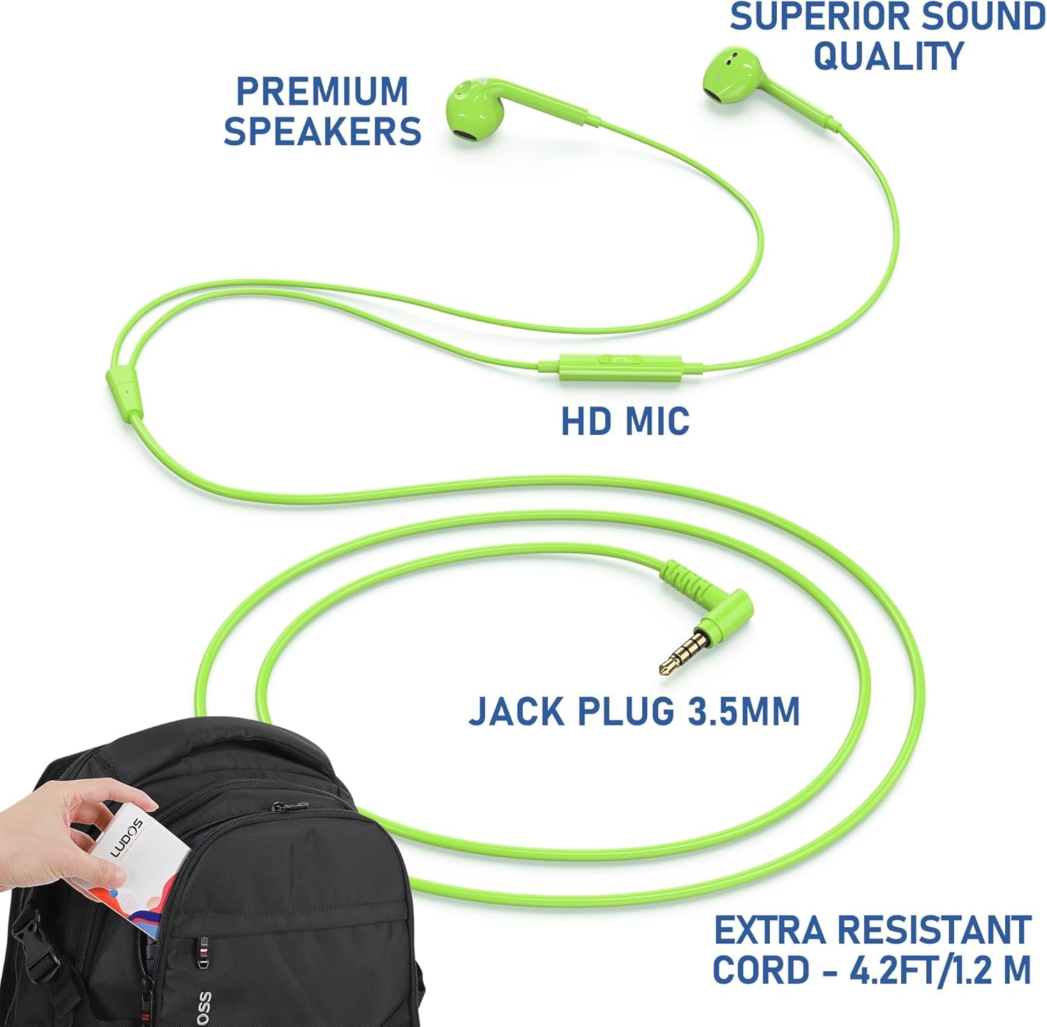 Zenith Wired Earbuds In-Ear Headphones, 2 Years Warranty, Earphones with Microphone, Corded for 3.5Mm Jack Ear Buds for Iphone, Samsung, Computer, Laptop, Kids, School Students, Woman - Green