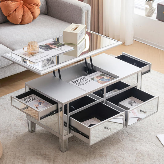 Mirrored Lift-Top Coffee Table with Drawers, Assembled Modern Design for Living Room (Silver, 35'' x 19'' x 18'')
