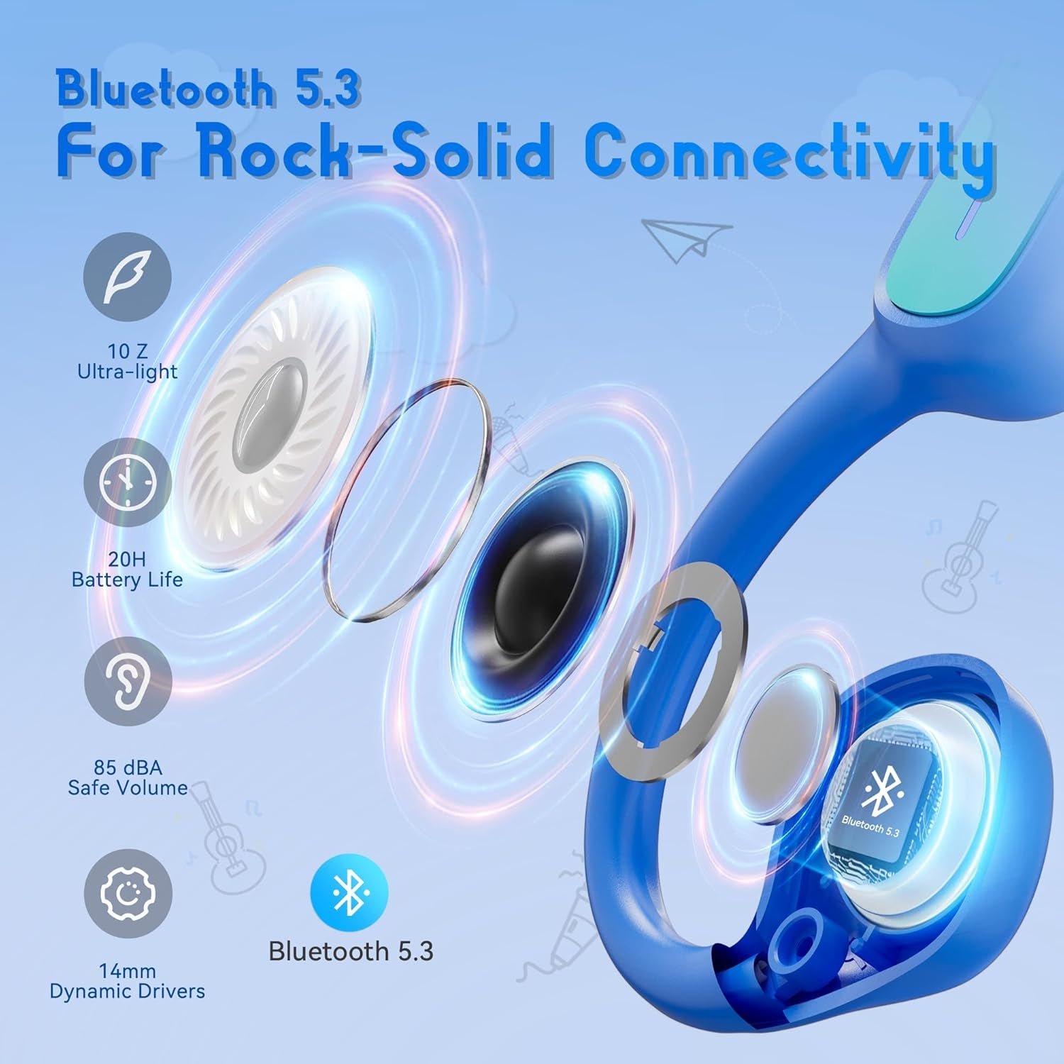 Kids Headphones, Bluetooth 5.3 Air Conduction Open Ear Headphones, 85Db Volume Limited, with Mic, IPX5 Waterproof, 360° Bending, 20H Playtime, Kids Headphones Wireless for Ipad/Sports (Blue)