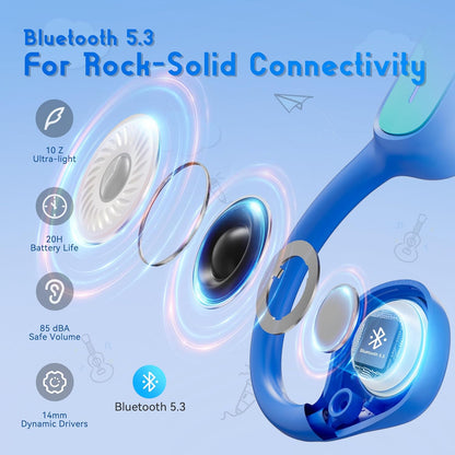 Kids Headphones, Bluetooth 5.3 Air Conduction Open Ear Headphones, 85Db Volume Limited, with Mic, IPX5 Waterproof, 360° Bending, 20H Playtime, Kids Headphones Wireless for Ipad/Sports (Blue)