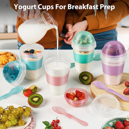 Yogurt Parfait Cups with Lids, 2 Pack 20 Oz Reusable Overnight Oats Containers with Lids, Topping Compartment & Spoon to Go for Breakfast Meal Prep, Portable & Lightweight (Blue&Green)