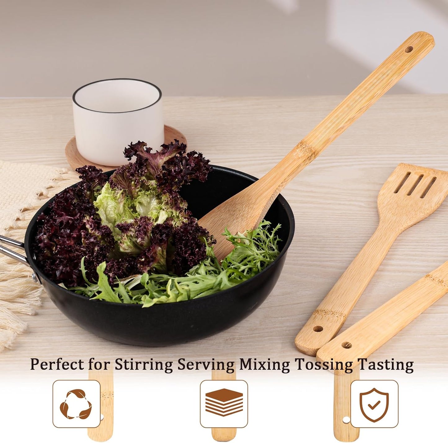 Wooden Utensils Set for Cooking, 7PCS Bamboo Kitchen Utensils Spatulas Spoons Tong for Stirring Serving Mixing Tossing Tasting