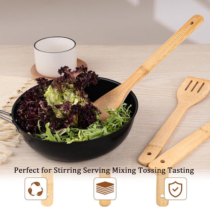 Wooden Utensils Set for Cooking, 7PCS Bamboo Kitchen Utensils Spatulas Spoons Tong for Stirring Serving Mixing Tossing Tasting
