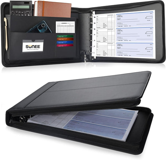 Zippered Business Checkbook Binder 7 Ring 1 Inch with Zipper for Business Checks (9" X 13"), PU Leather 7 Ring Check Binder for Business Checks Holds 600 Checks Capacity for Executive Supplies