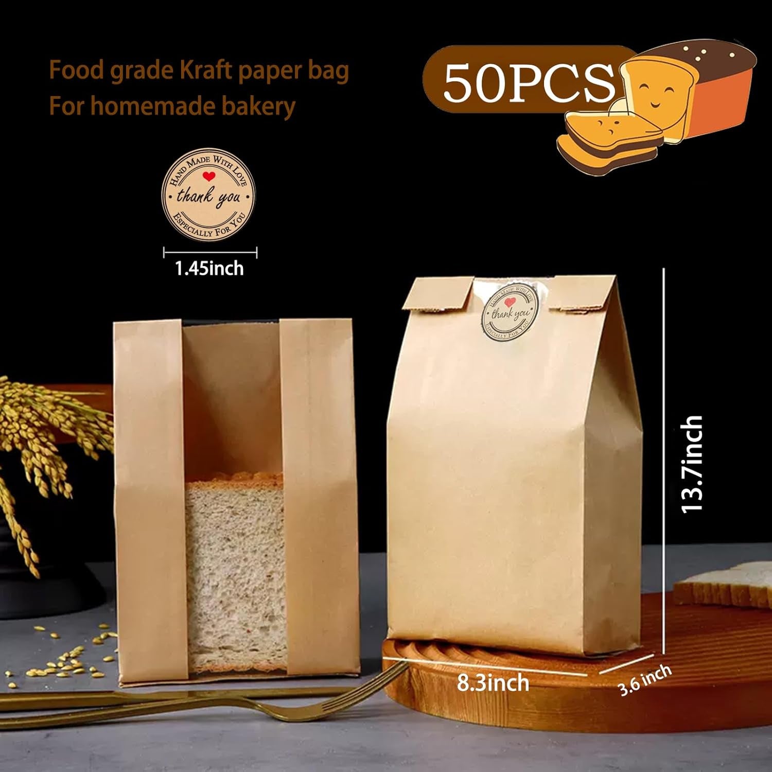 50 Pcs Large Paper Bread Bags for Sourdough (13.7X8.2X3.7 In) – Kraft Bread Packaging for Homemade with Window, 50 Cute Stickers – Bakery Bags for Gifting & Storage