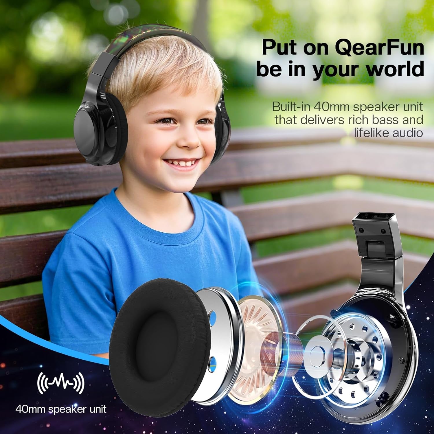 Kids Bluetooth 5.3 Headphones, Wireless Metallic Gradient Headset, Lightweight Foldable on Ear Headphones with Aux Cord, Fast Charging, Built-In Mic, for School/Travel/Tablet/Ipad