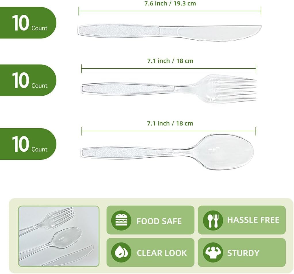 Plastic Silverware Set, 30-Piece Disposable Plastic Utensils for Parties, Clear Cutlery, Plasticware Forks, Spoons, Knives