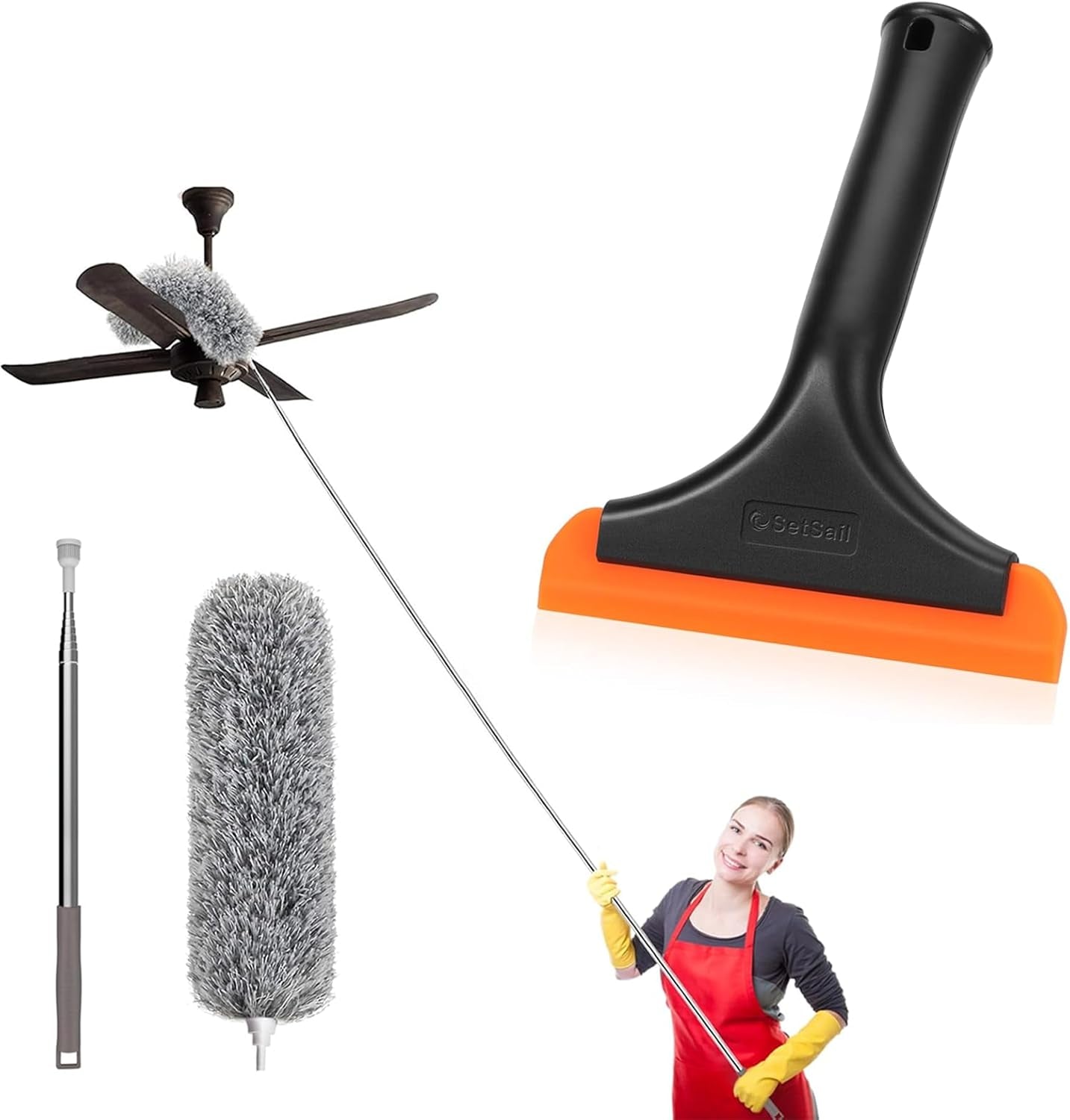 Extra-Long Dusters with Extension Pole 100-Inch for Cleaning & Shower Squeegee for Glass Doors, Small Squeegee for Shower Glass Door