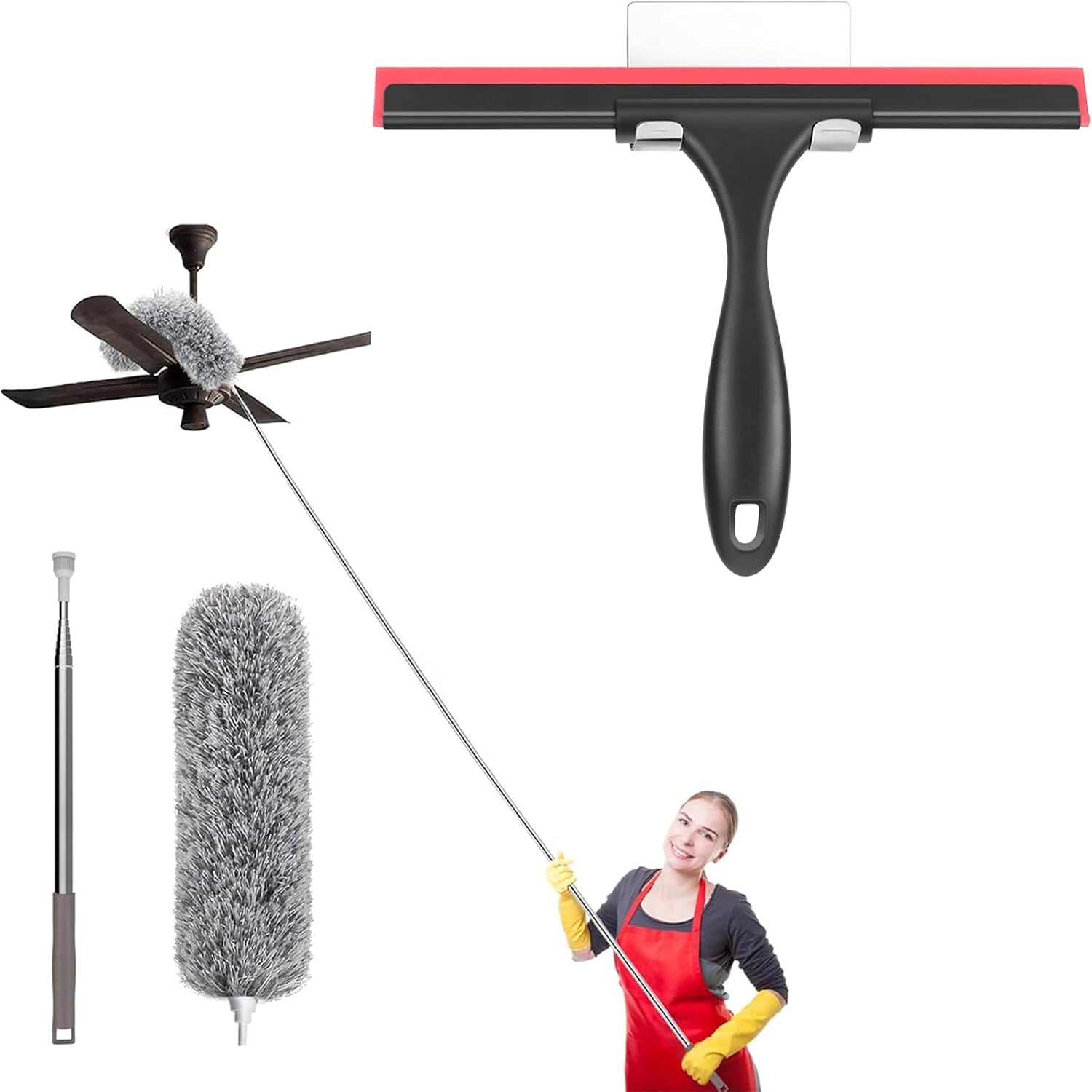 Extra-Long Dusters with Extension Pole 100-Inch for Cleaning & Shower Squeegee for Glass Doors Stainless Steel Squeegee for Shower Glass Door