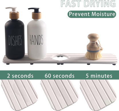 Zumenda 17Inch X 4Inch Kitchen Sink Faucet Mat, Water Absorbing Stone Faucet Splash Guard for Bathroom Counter, Quick Drying Diatomite Tray for Kitchen Sink, White