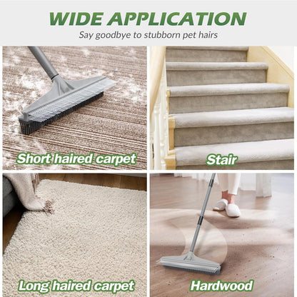 Rubber Broom, 2 in 1 Rubber Broom and Nylon Carpet Brush for Pet Hair Removal, 61" Adjustable Long Handle, Carpet Hair Cleaning Tool for Fur Rug, Stairs and Mats - Washable, Durable