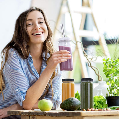 [ 8 Pack ] Glass Juicing Bottles with 2 Straws & 2 Lids W Hole- 16 OZ Travel Drinking Jars, Water Cups with Black Airtight Lids, Reusable Tall Mason Jar for Juice, Bubble Tea, Smoothie, Tea, Kombucha