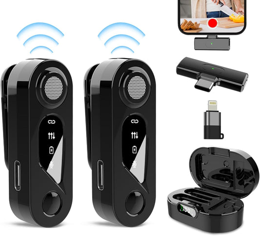 Wireless Lavalier Microphone with Charging Case: 2 Pack Mini Mic for Iphone Ipad Android - Plug & Play Clip-On Lapel Mic, Noise Reduction for Video Recording, Interview