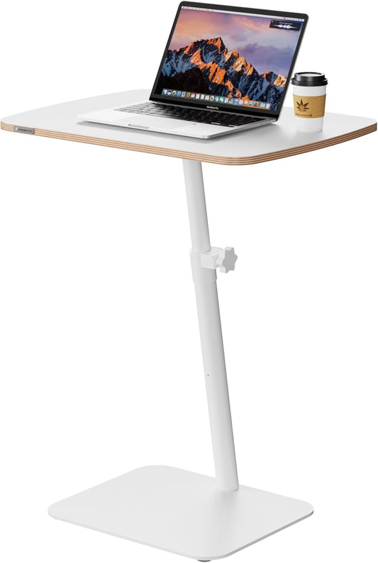 Height Adjustable End Table - Small Couch Side Table for Small Spaces Modern C Shaped Bedside End Table That Slide Under, White Wood Laptop TV Tray Table with Metal Base, Living Room Bathroom Home Use