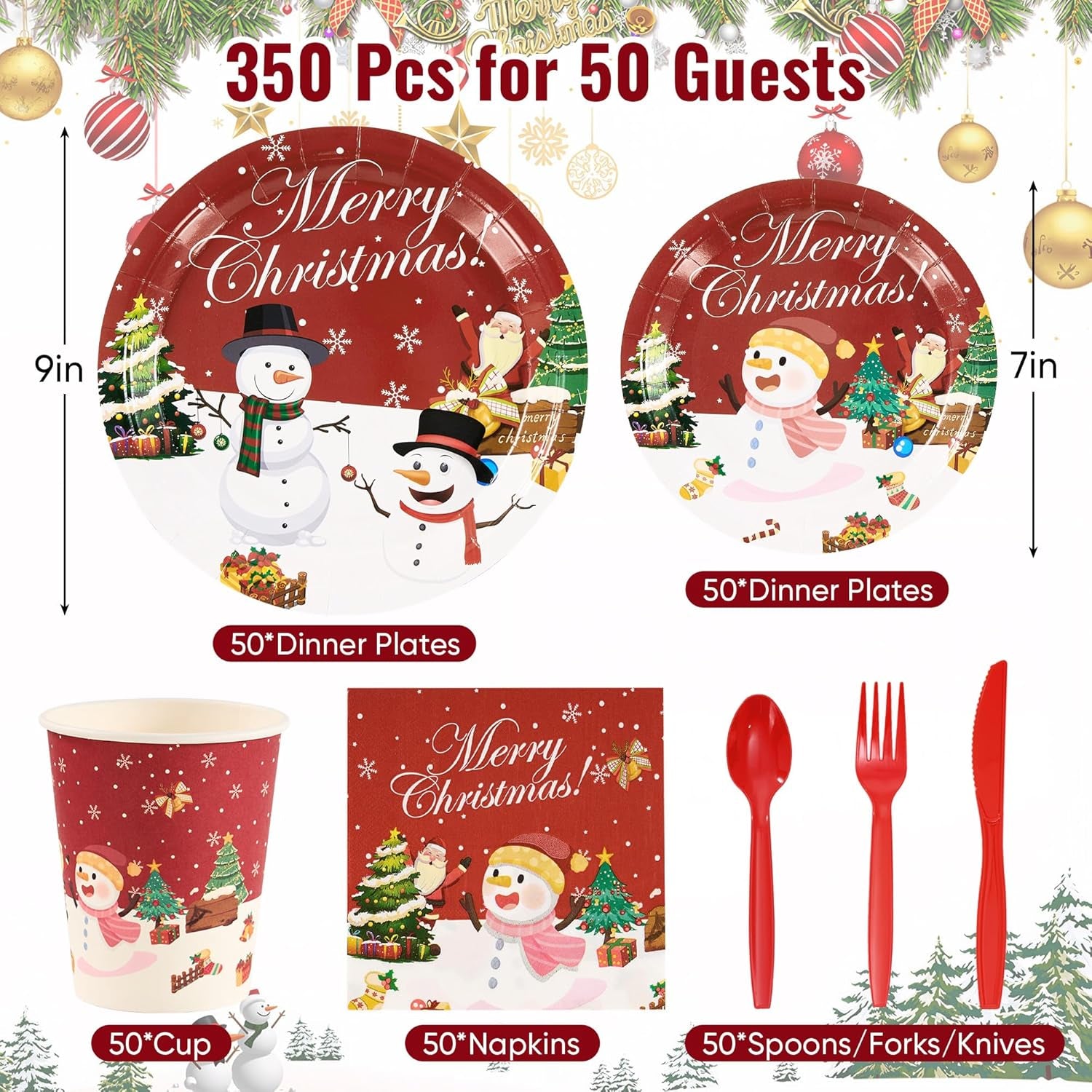 Christmas Paper Plates Set, 350 PCS Santa Gifts and Snowman Party Supplies, Disposable Dinnerware Set for 50 Guests, Paper Plates Napkins Cups for Christmas Eve