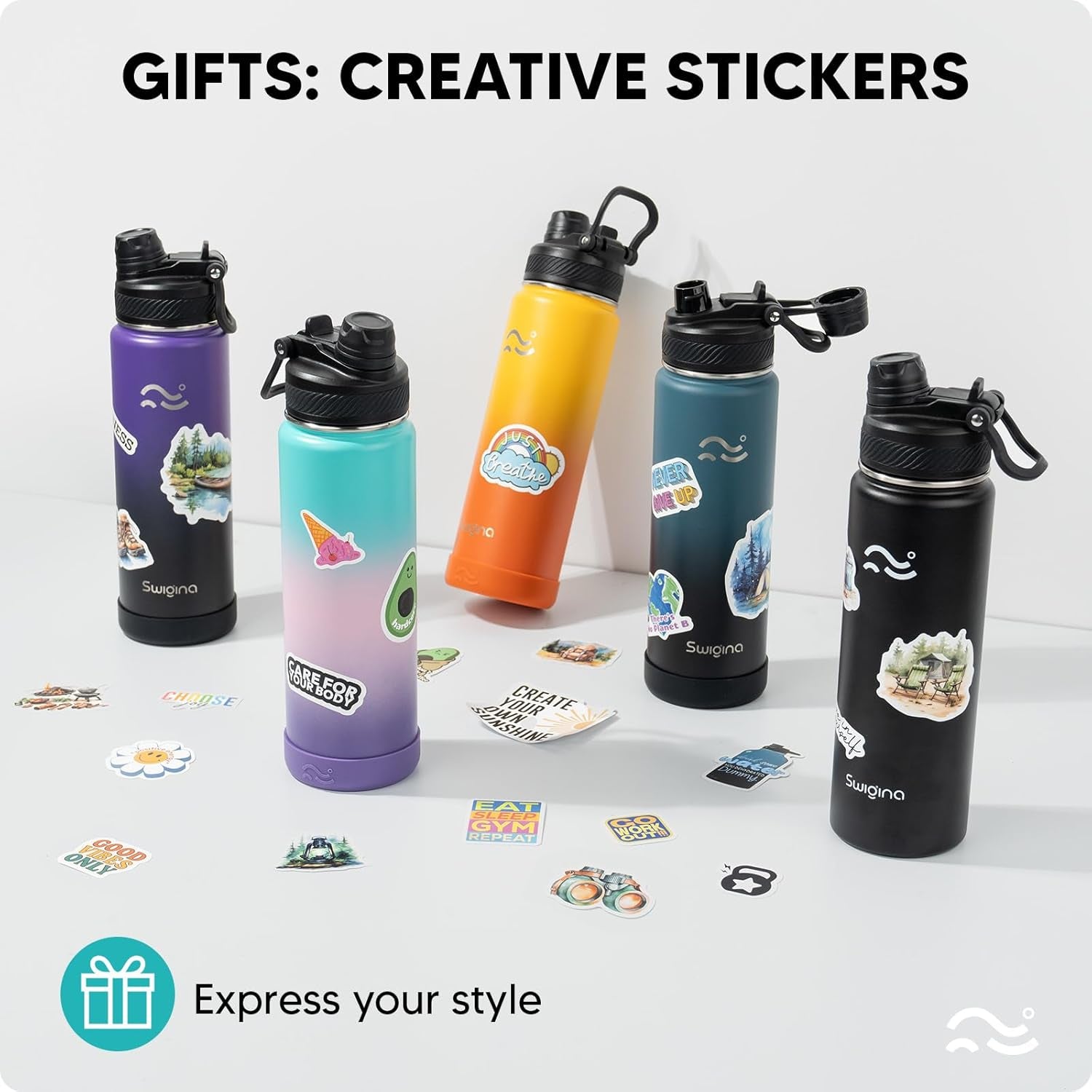 [2-IN-1 LID] Insulated Water Bottle with Silicone Boot (36Hrs Cold/18Hrs Hot) - DIY Stickers, Leakproof, BPA Free, 24 Oz