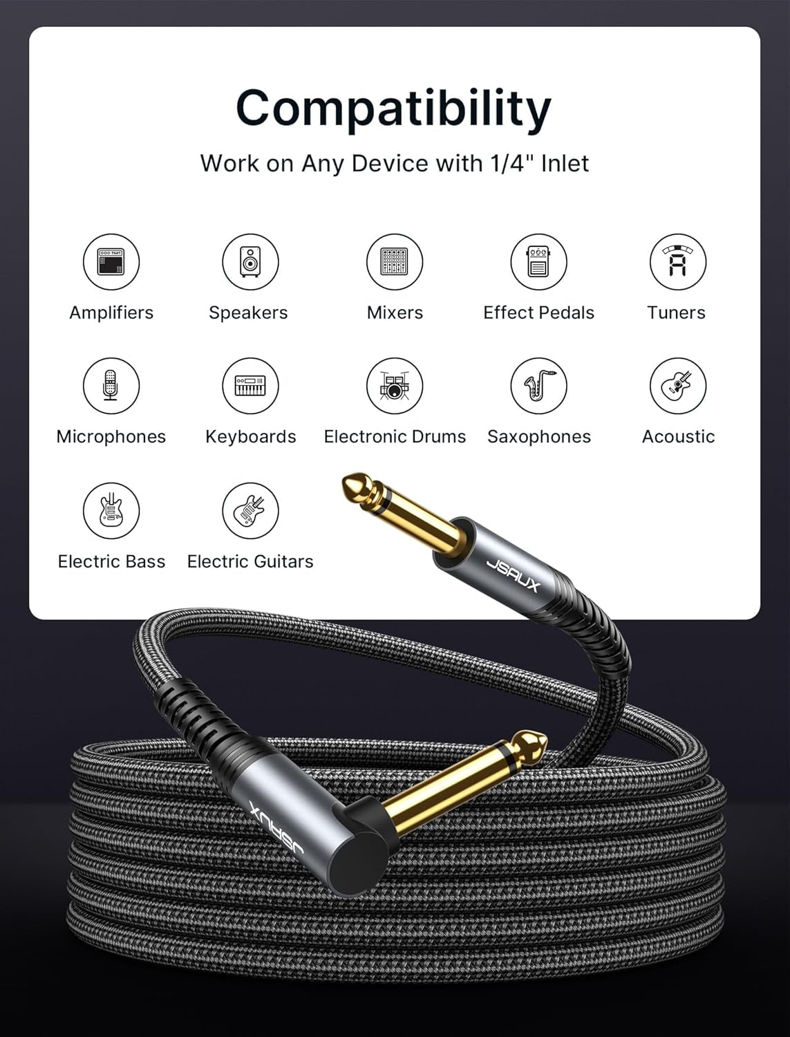 Guitar Cable 10 Ft, Amp Cord for Electric Guitar/Mandolin/Bass, Pro Audio Instrument Cable with 1/4" Tips(Ts Port) Right Angle to Straight-Gray