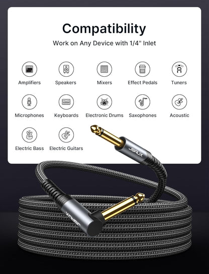 Guitar Cable 10 Ft, Amp Cord for Electric Guitar/Mandolin/Bass, Pro Audio Instrument Cable with 1/4" Tips(Ts Port) Right Angle to Straight-Gray