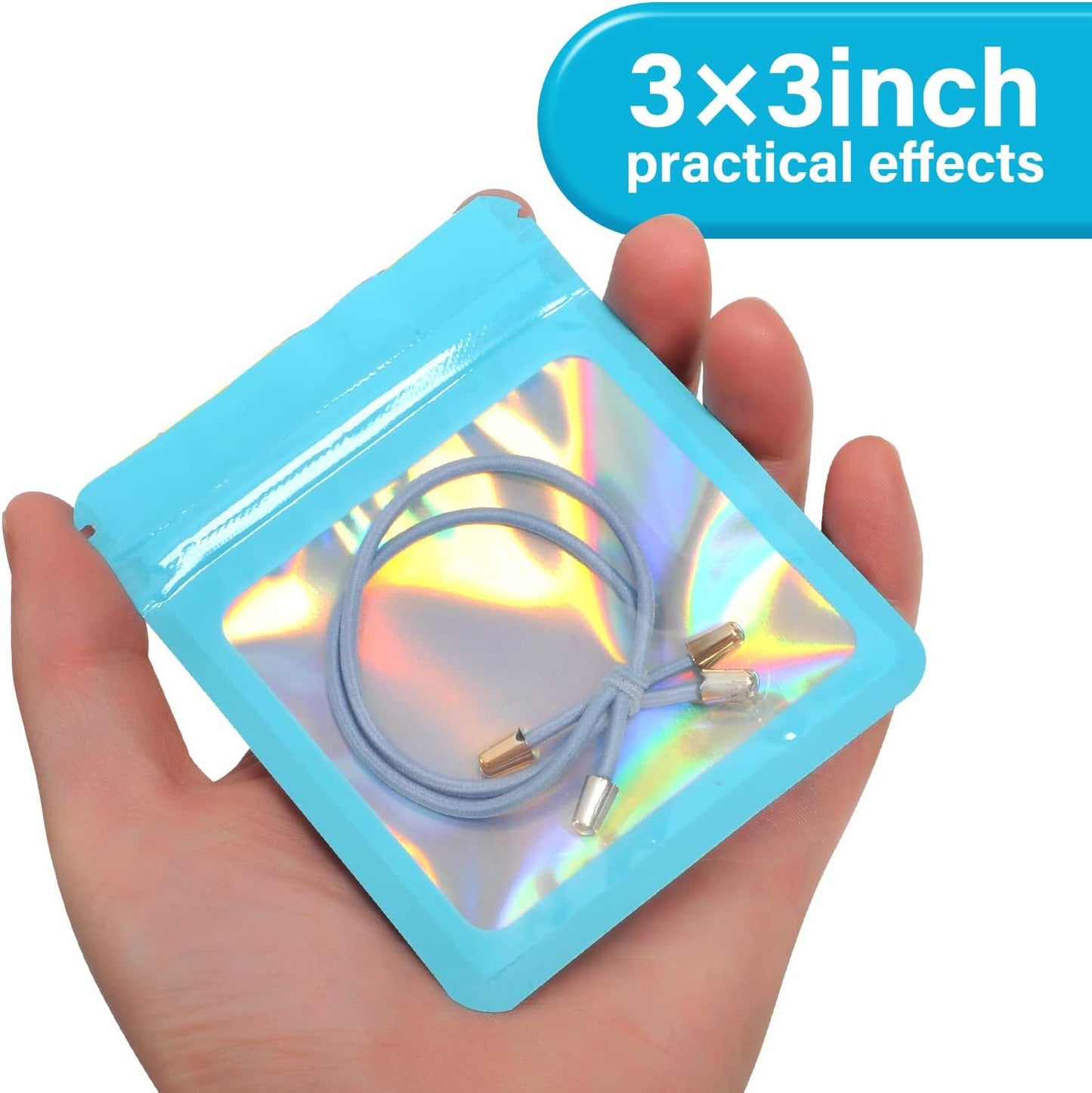 100-Pack Mylar Bags with Clear Window Holographic Resealable Sealable Packaging Zip Bag for Small Bussiness Jewelry Candy Sample Food Packing Supplies （3×3 Inch，Blue）