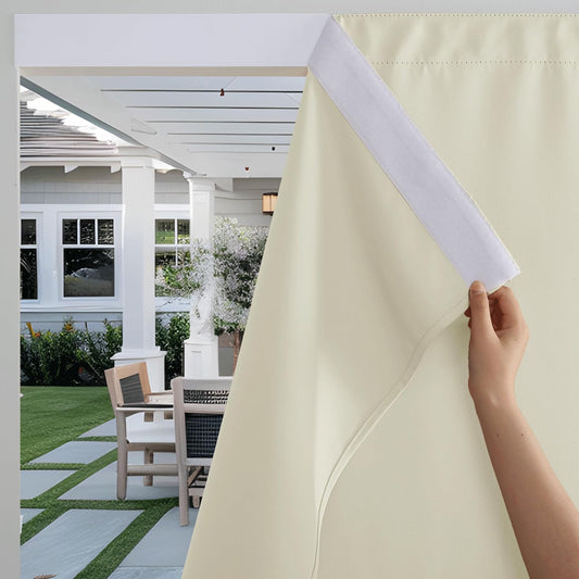 Windproof Outdoor Curtains for Patio Waterproof with Adhesive Top Back Tab Bottom,No Drill Sun Blocking outside Curtains with Rope for Gazebo Porch Pergola, Beige, W 52 X L 84, 2 Panels