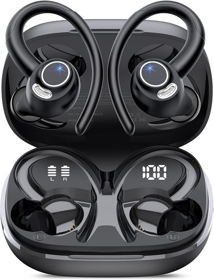 Wireless Earbuds, Bluetooth 5.4 Headphones Sport, over Ear Buds with ENC Noise Cancelling Mic, 48H, Wireless Earphone with Earhooks, Stereo Deep Bass, IP7 Waterproof Ear Bud for Workout Running, Black