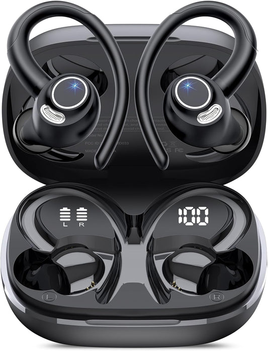 Wireless Earbuds, Bluetooth 5.4 Headphones Sport, over Ear Buds with ENC Noise Cancelling Mic, 48H, Wireless Earphone with Earhooks, Stereo Deep Bass, IP7 Waterproof Ear Bud for Workout Running, Black