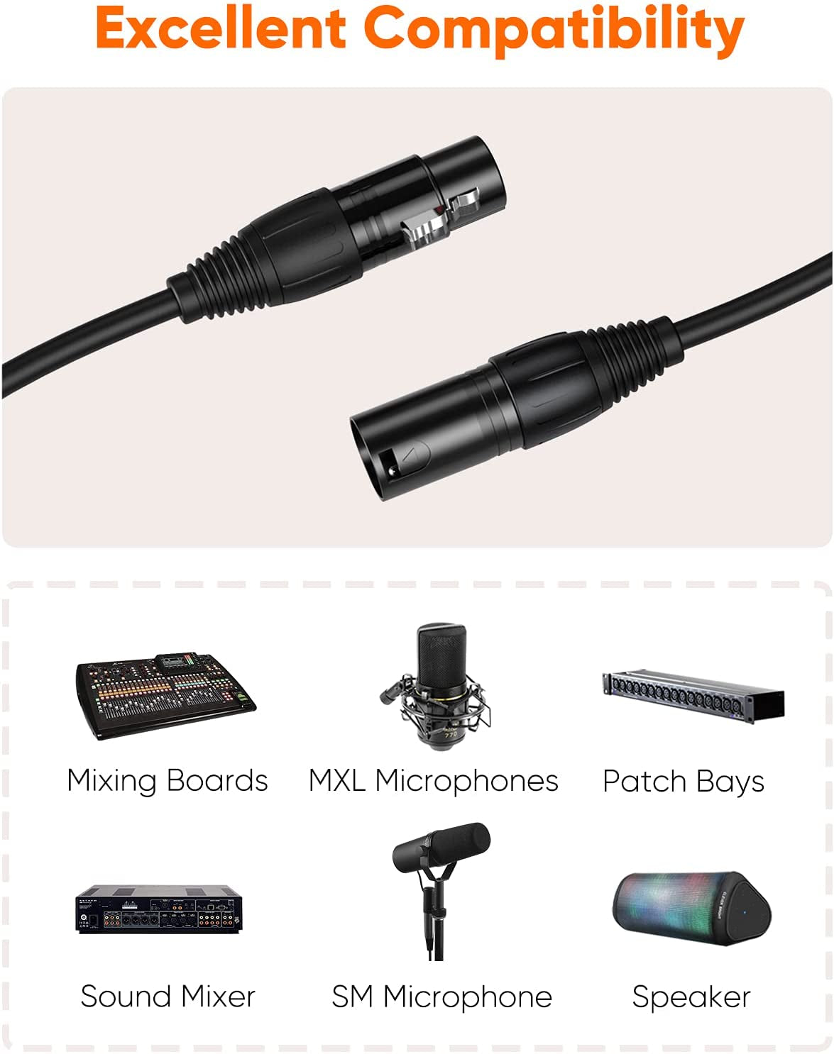 XLR to XLR Cable 6FT, X LR Male to X LR Female Microphone Cable, Balanced 3 PIN Compatible with Shure SM Microphone, Behringer, Speaker Systems, Radio Station and More, Black