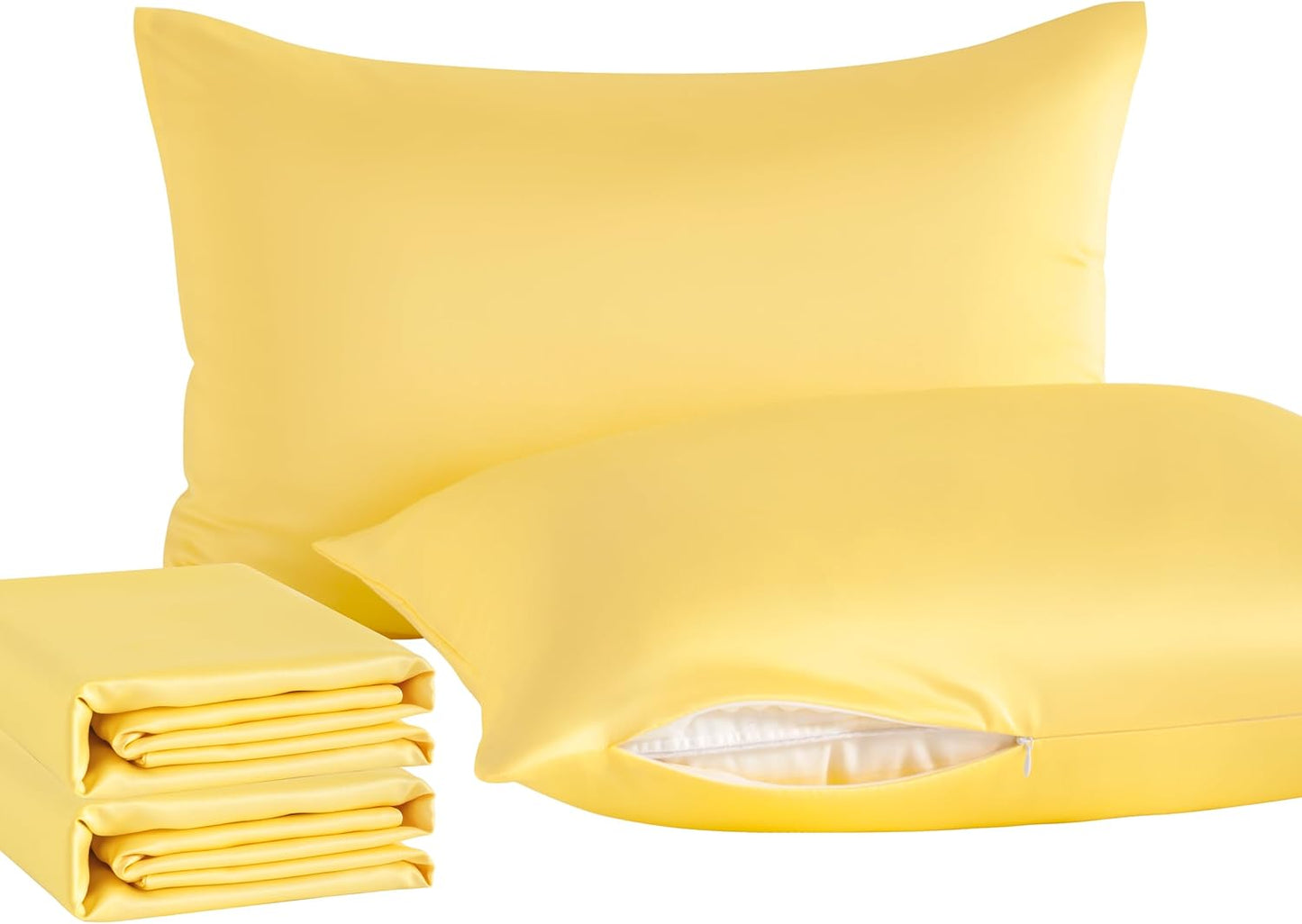 Zippered Satin Pillow Cases for Hair and Skin, Luxury Standard Hidden Zipper Pillowcases Set of 4, 20X26 Inches, Yellow