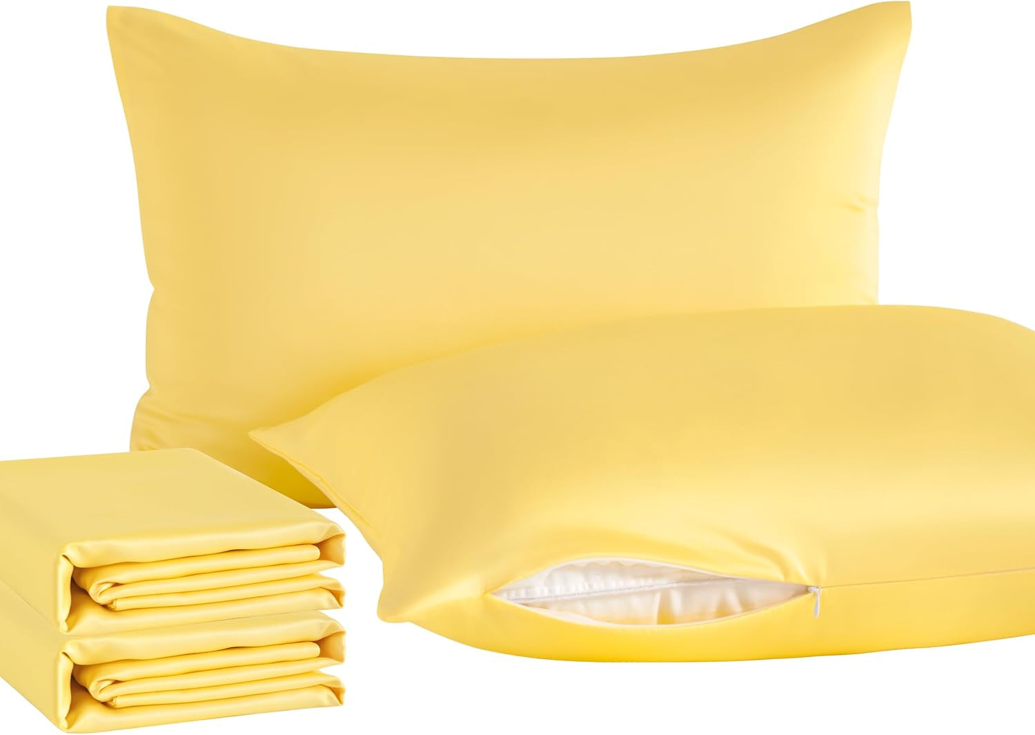Zippered Satin Pillow Cases for Hair and Skin, Luxury Standard Hidden Zipper Pillowcases Set of 4, 20X26 Inches, Yellow
