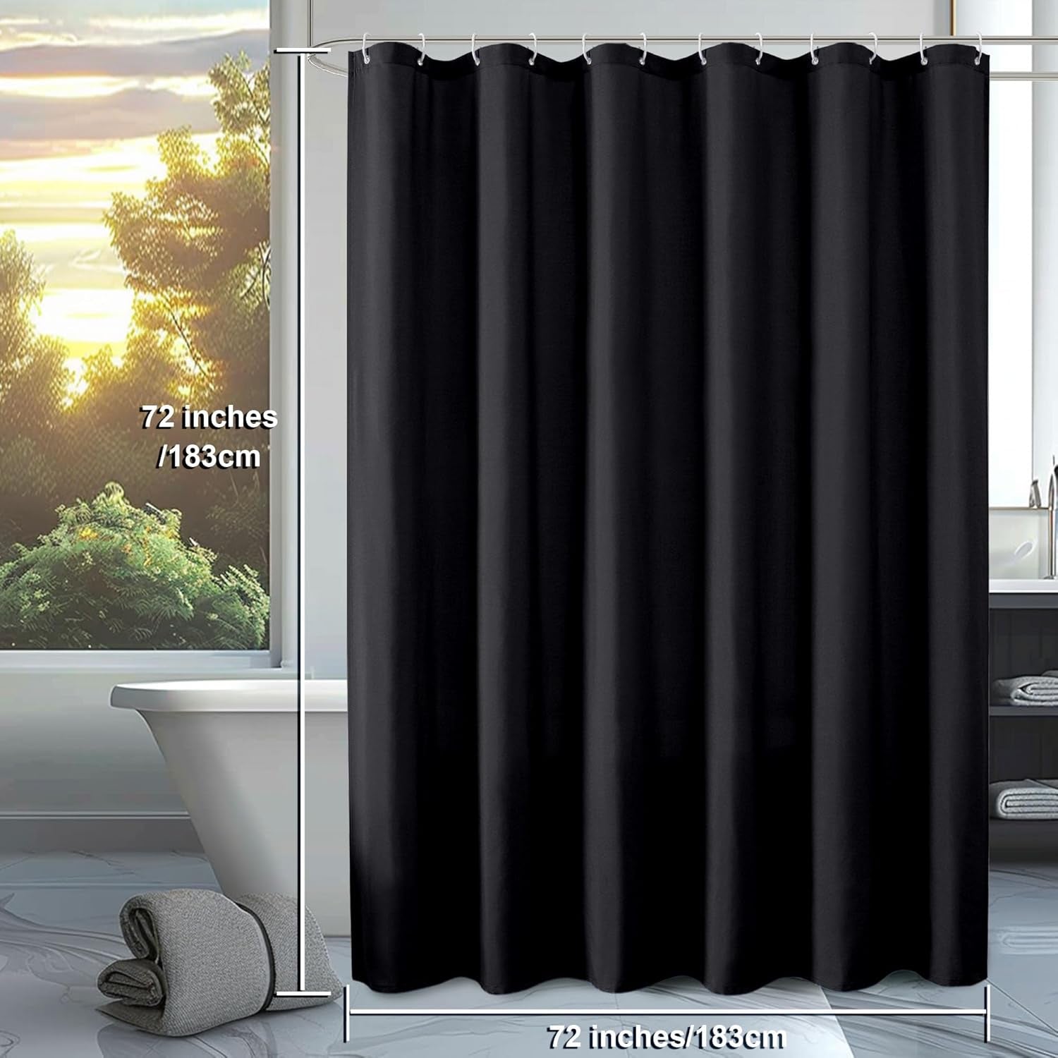 Zora Solid Black Shower Curtain for Bathroom, Fabric Shower Curtain- Soft Cloth & Hotel Spa Quality, Water Repellent, Machine Washable Shower Curtain Set with 12 Hooks, Grommets Top, 72Wx72L