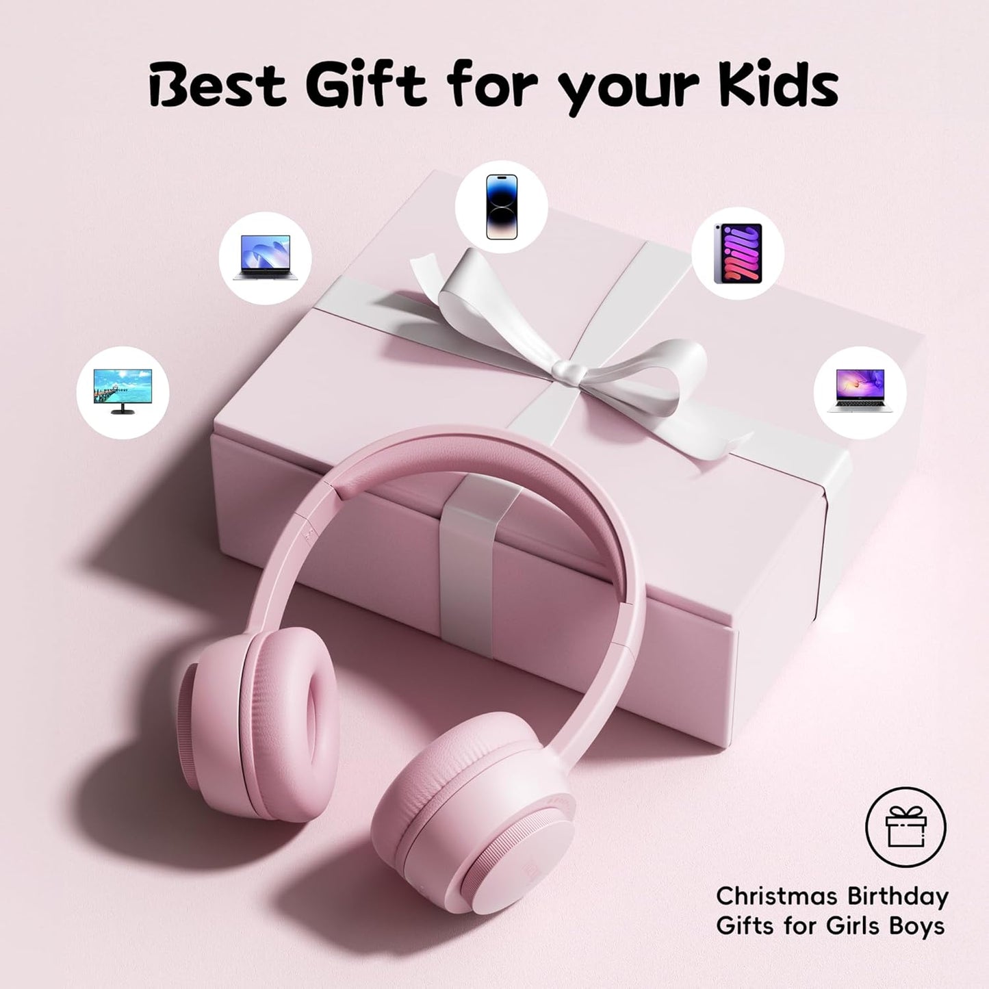 Kids Bluetooth Headphones, Bluetooth 5.3, Toddler Headphones 85 Dba Safe Volume, 45H Play Time, with Microphone, Kids Wireless Headset for Ipad/Tablet/Travel/School, Ldeal Gift (Pink)