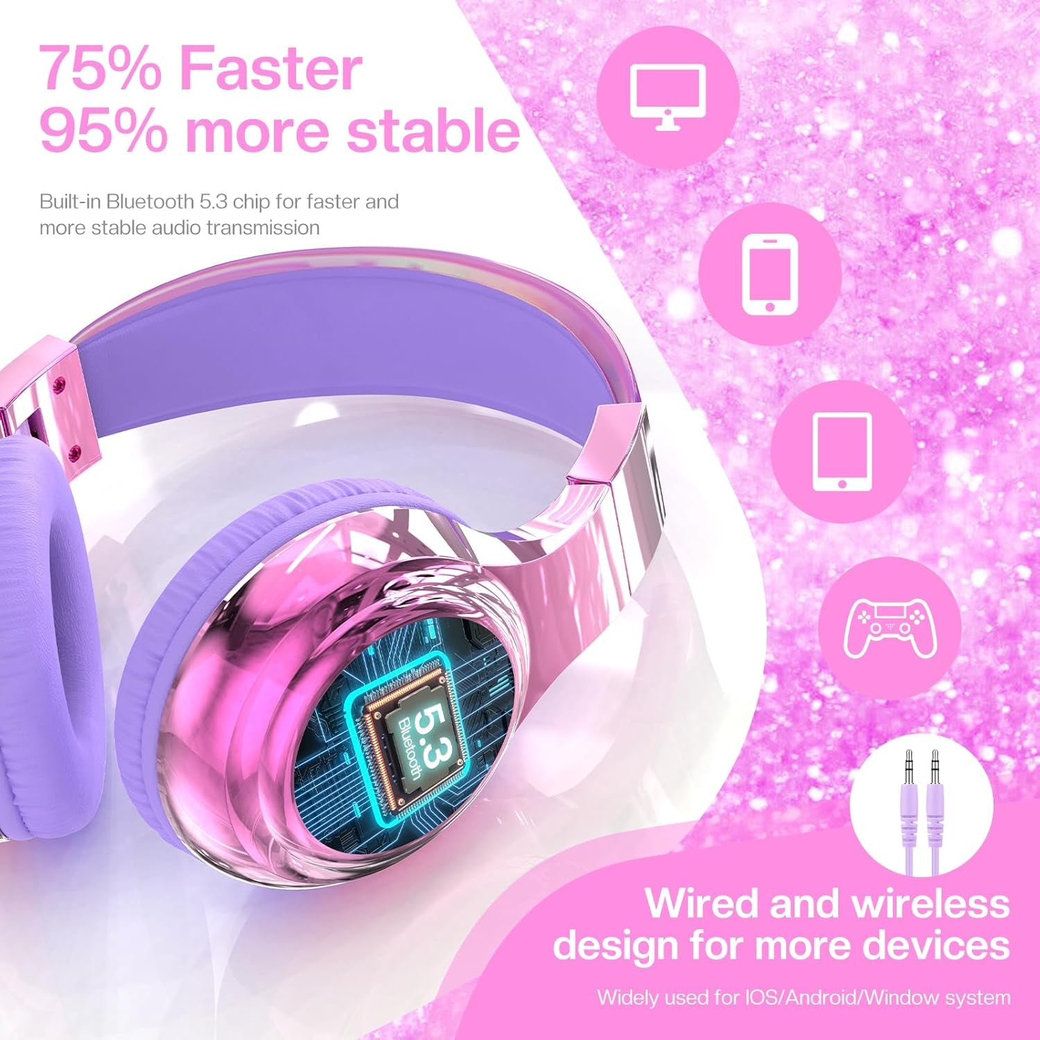 Kids Bluetooth 5.3 Headphones, Wireless Metallic Gradient Headset, Lightweight Foldable on Ear Headphones with Aux Cord, Fast Charging, Built-In Mic, for School/Travel/Tablet/Ipad