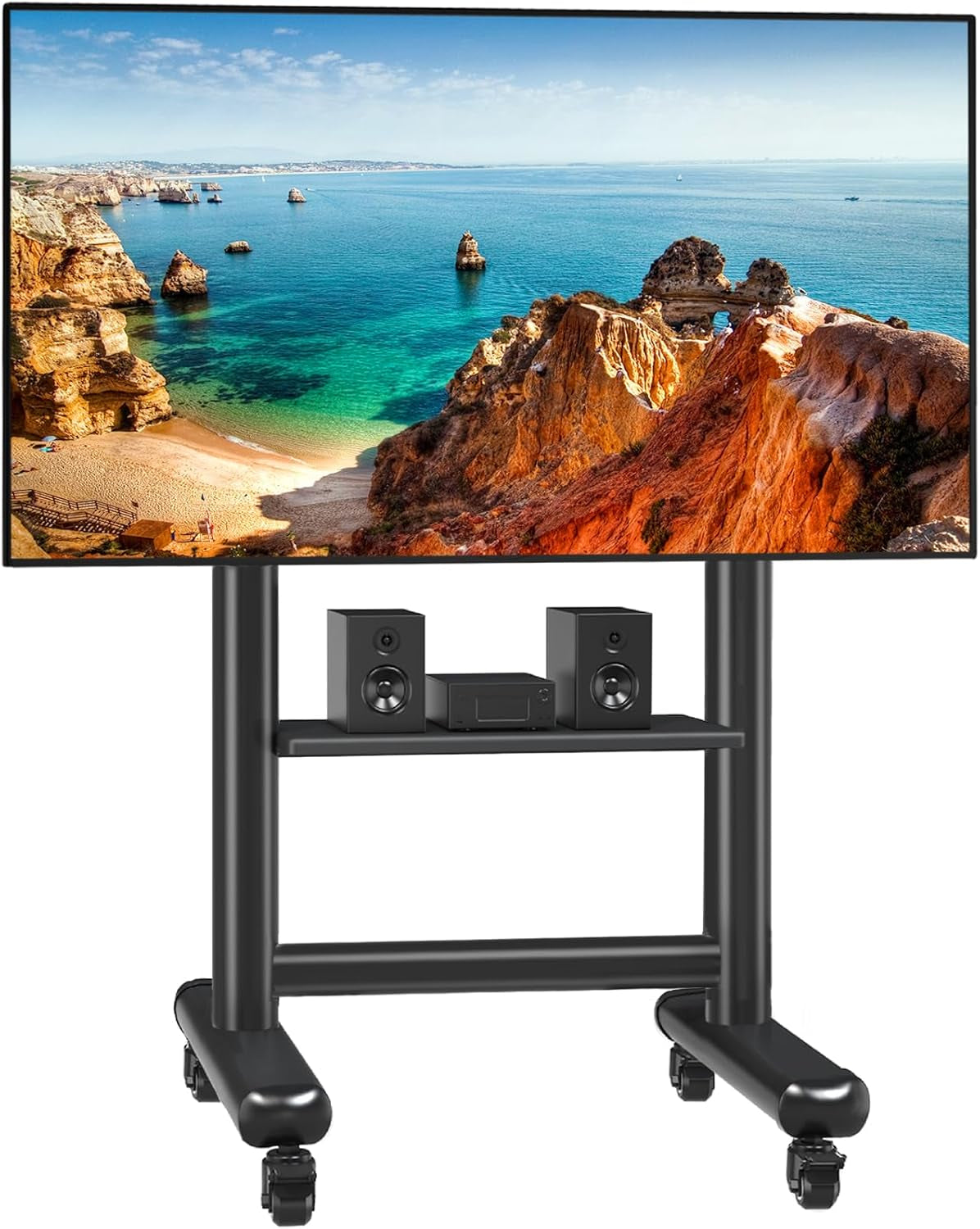 Heavy Duty Rolling TV Stand for 50-92 Inch Large Tvs up to 200 Lbs, Height Adjustable Mobile TV Stand with Shelf, Upgraded Portable TV Stand on Wheels for Living Room, Office, Trade Show