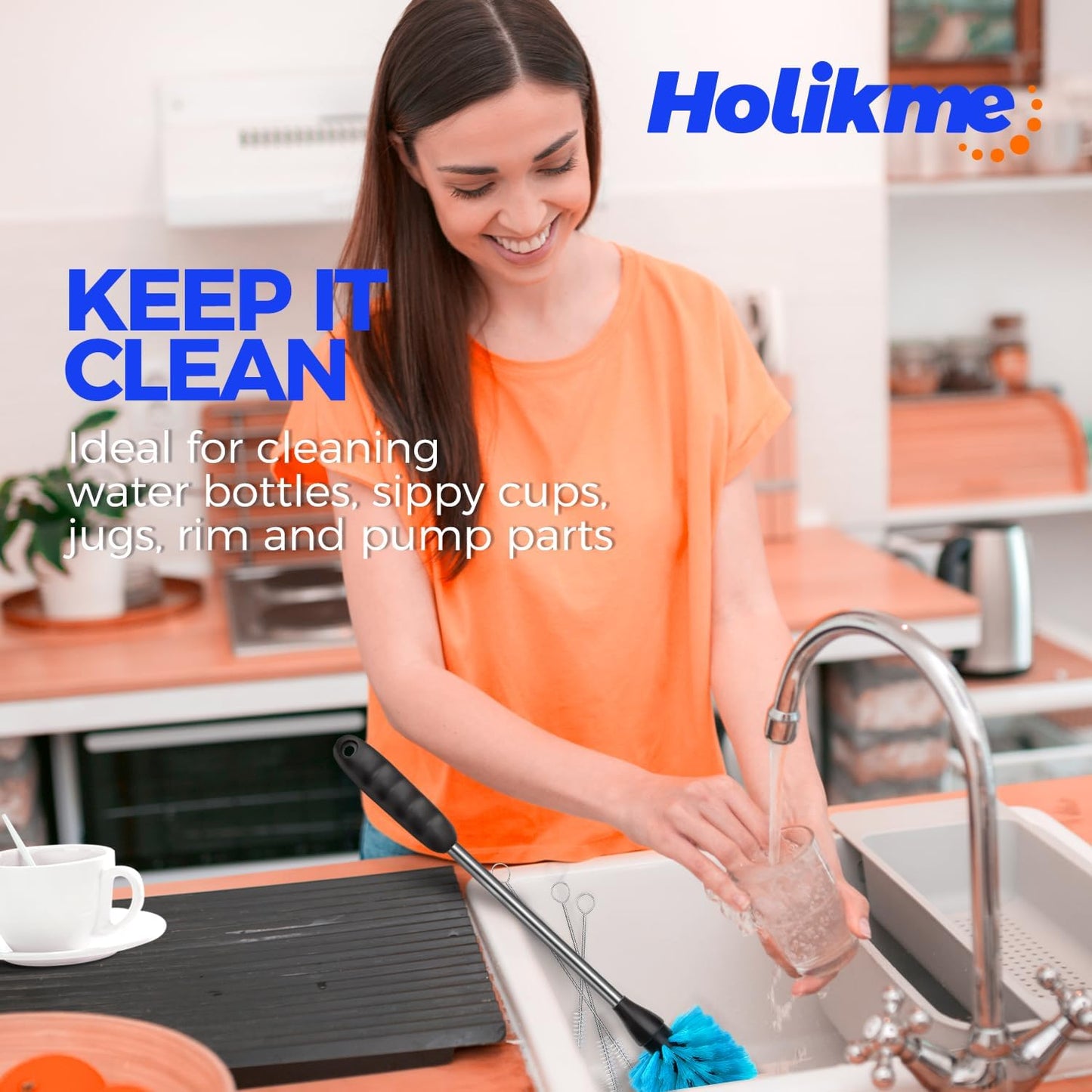 Bottle Brush Cleaner Set, 14" Long Handle Stainless Steel Bottle Cleaner Brush, 3 Straw Cleaner Brush, Bottle Cleaning Brush for Water Bottle, Cups, Abrasive Flat End Brushes, Straws Blue